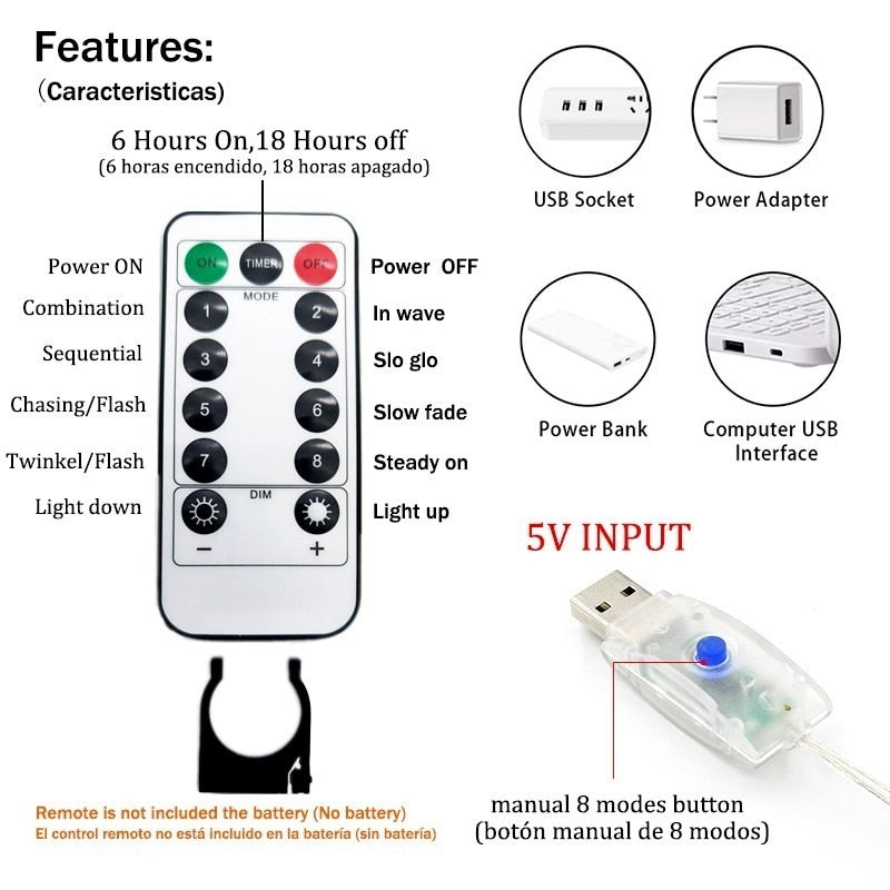 LED de decoração de natal com controle remoto USB